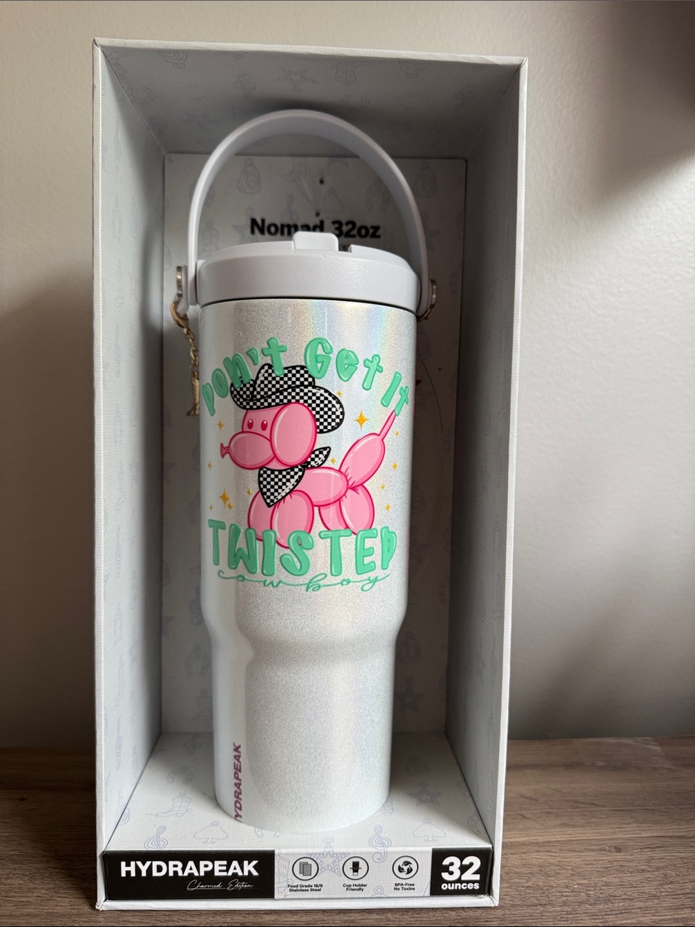 Hydrapeak Nomad 32oz Iridescent White Travel Tumbler - Pink Balloon Dog Design